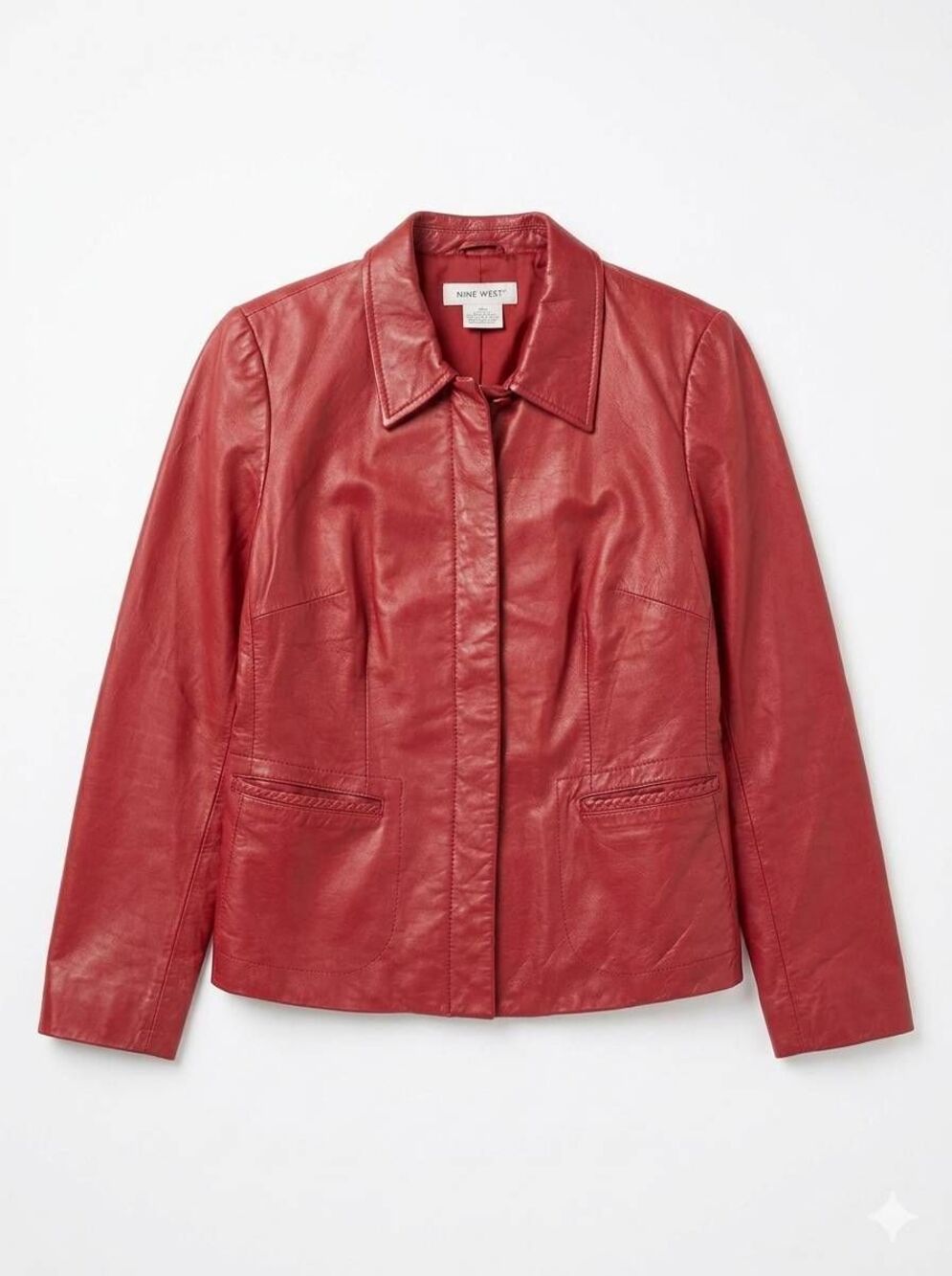 🔸️Nine West Red Genuine Leather Button Front Blazer Jacket Size 10